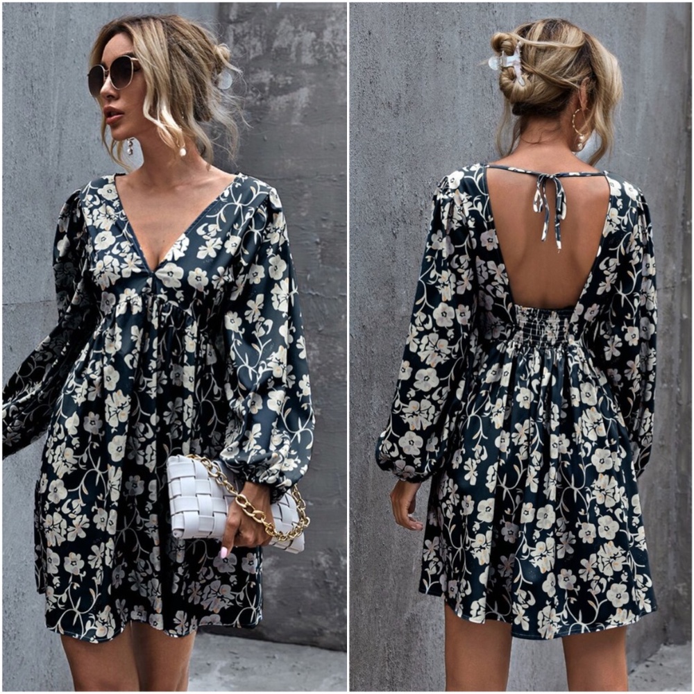 Boho Navy Blue V neck Floral Smock Mini Dress - Picture 1 of 7